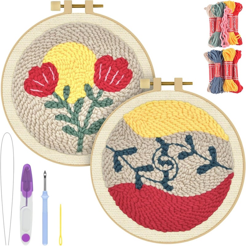 ERKOON Punch Needle Kit Adults Beginners, 2 Pcs DIY Easy Floral Embroidery Set for Starter Art Craft, Needling Punching Project with Patterns, Tools, Yarns, Hoop, Instruction (Rose) - Image 1